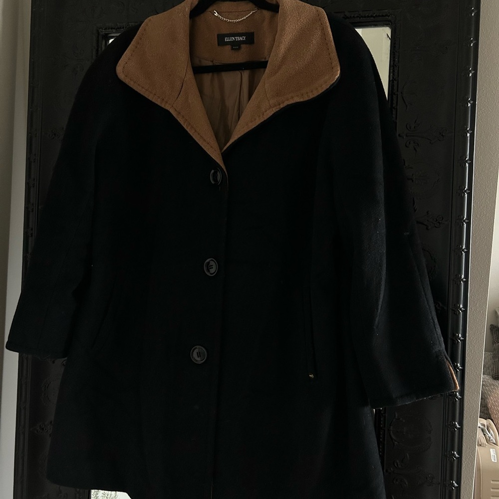 Ellen Tracy Black and Tan Pea Coat with Classic Design
